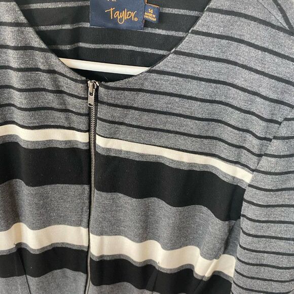 Just Taylor Fit & Flare Gray Black White Striped Zip Up Dress, Size 14 - Picture 5 of 7